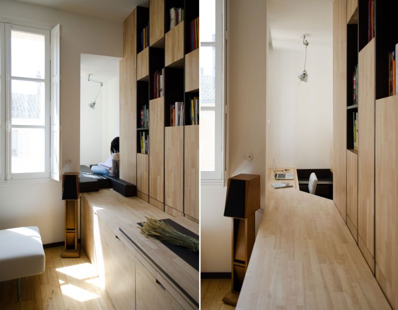 Transformer-style storage solutions maximize this micro-apartment