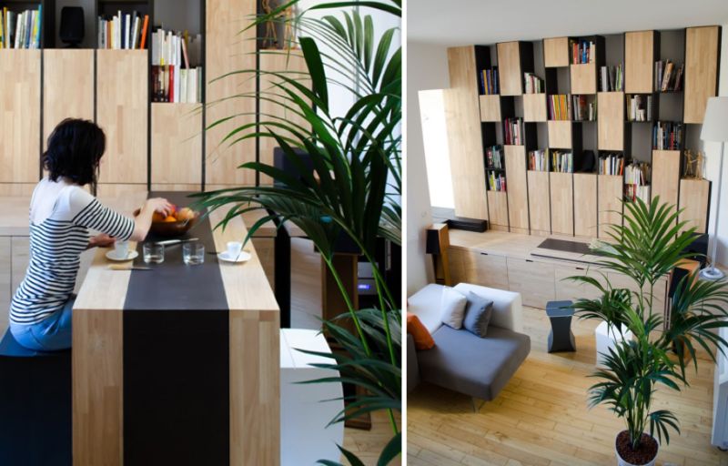 Transformer-style storage solutions maximize this micro-apartment