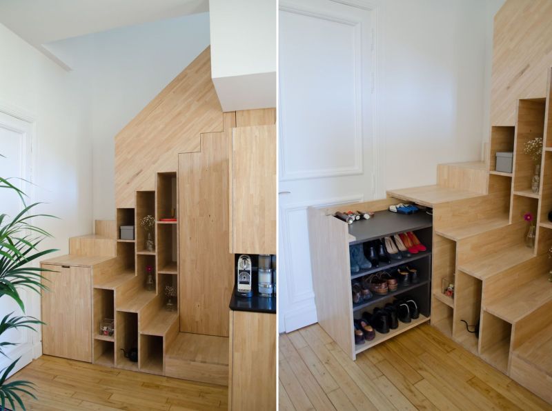 Transformer-style storage solutions maximize this micro-apartment