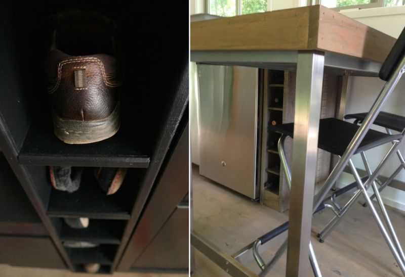 Shoe and wine rack smartly built in left-over spaces 