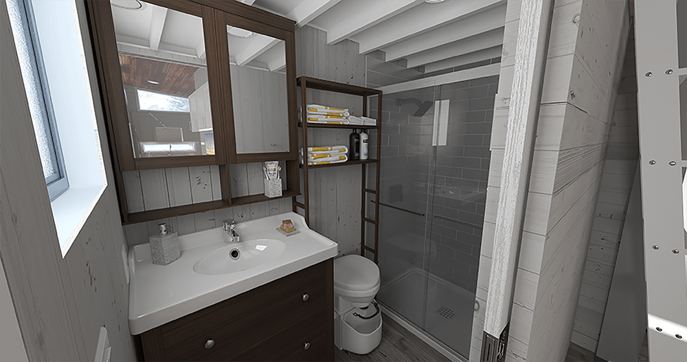 Easy-to access bathroom from every area in the tiny house 