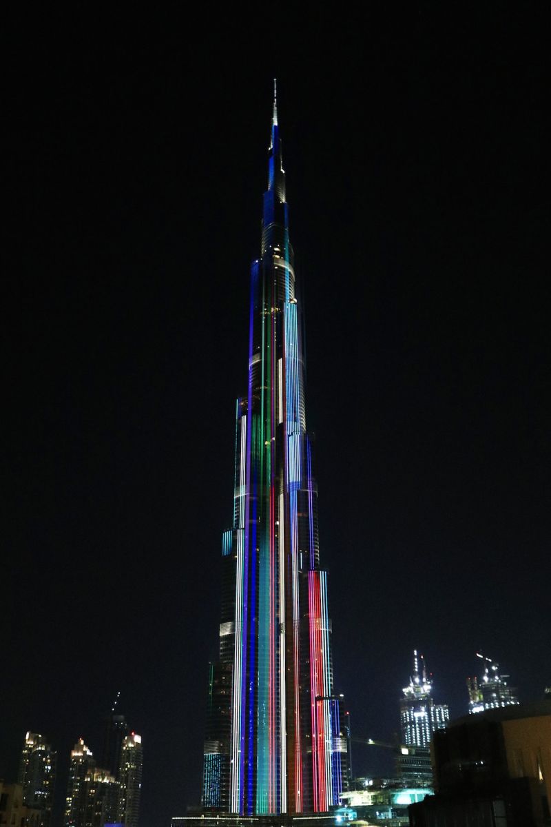 The tower lightened up in different colored patterns 