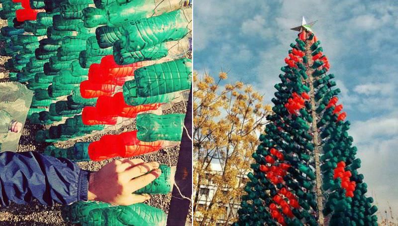 Christmas tree made by recycled plastic bottles by Elbasan citizens