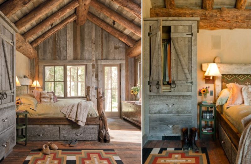 Bed frame made of wooden trunks in master bedroom 