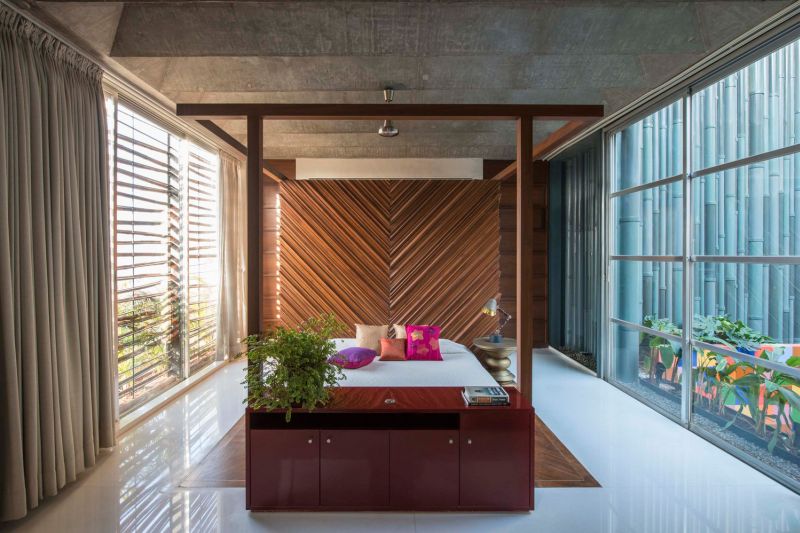 Master bedroom with floor-to-ceiling glass windows on two sides 