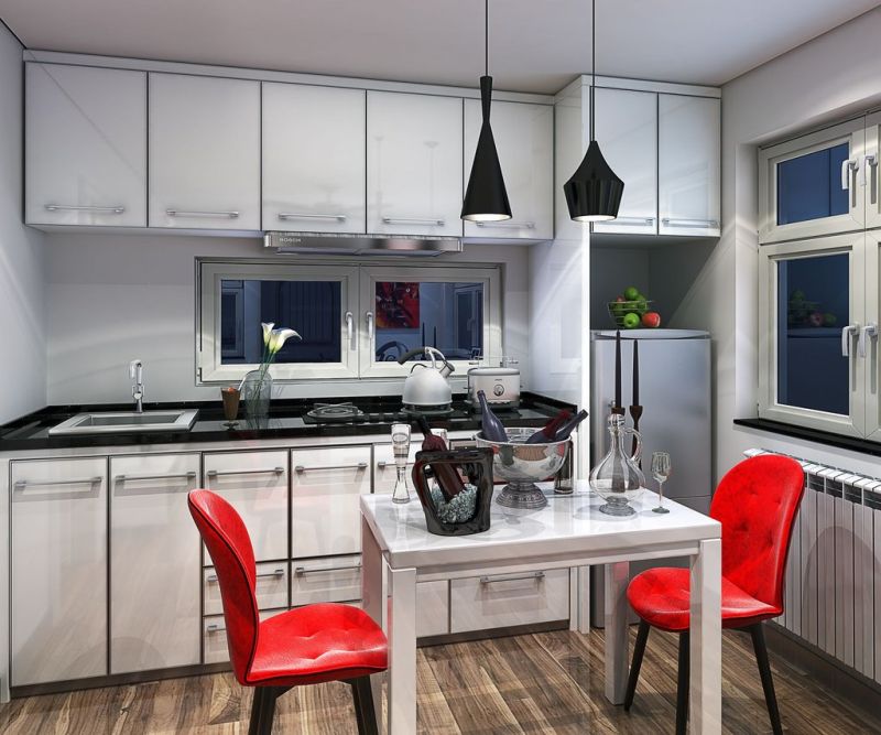 Kitchen with various cabinets and shelving 