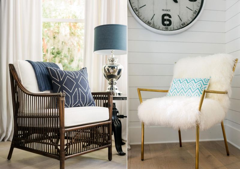 Coastal style and faux-sheepskin armchair with brass frame