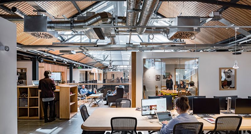 High ceiling with hanging office lights 