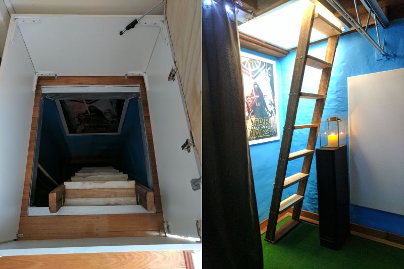 This couple builds a secret staircase to the basement home theater 