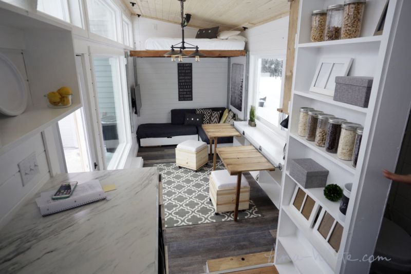 Ana White’s open concept tiny house features elevator bed to save space 