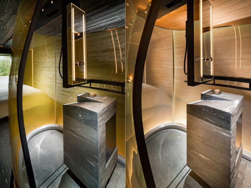 Hotel 7132’s wood and stone guest suites feature tinted glass shower