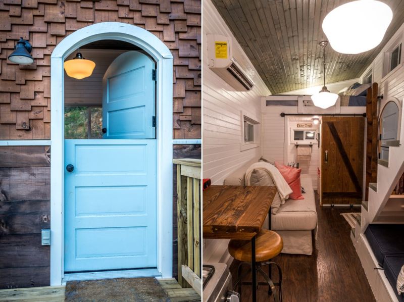 Old Blue Chair Tiny House has cozy reading nook under the staircase