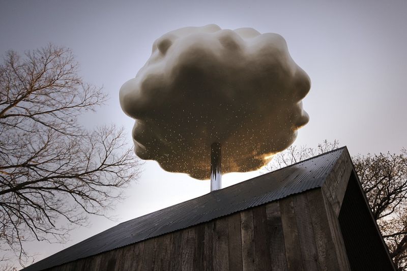 Cloud House: Reclaimed wood shed harvests rainwater to create artificial rainfall 