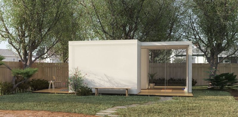 Prefab backyard cabin by Cover is made of pre-insulated steel panels 