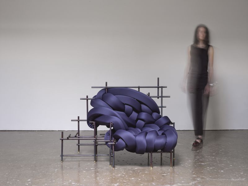 Lawless Chair by Evan Fay consists of foam ribbons interwoven in metal frame 