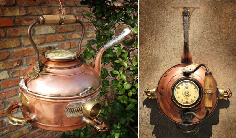 Bird home crafted from vintage copper kettle