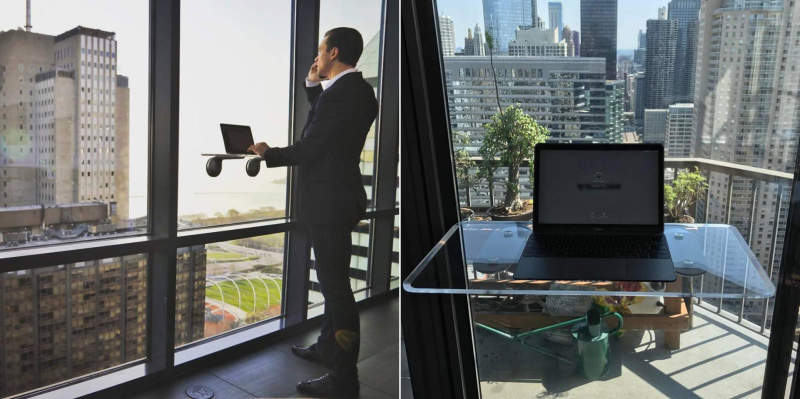 Deskview is a window-mounted adjustable standing desk 