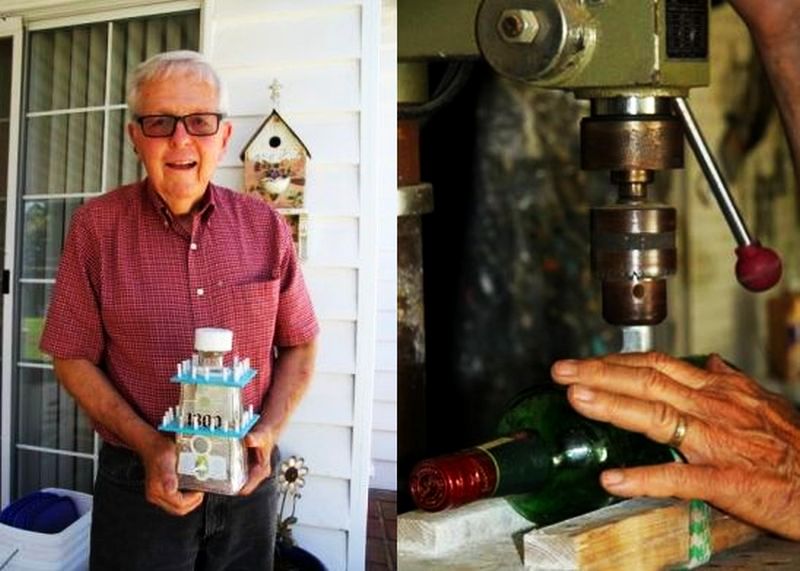 Liquor bottle birdhouses by Larry