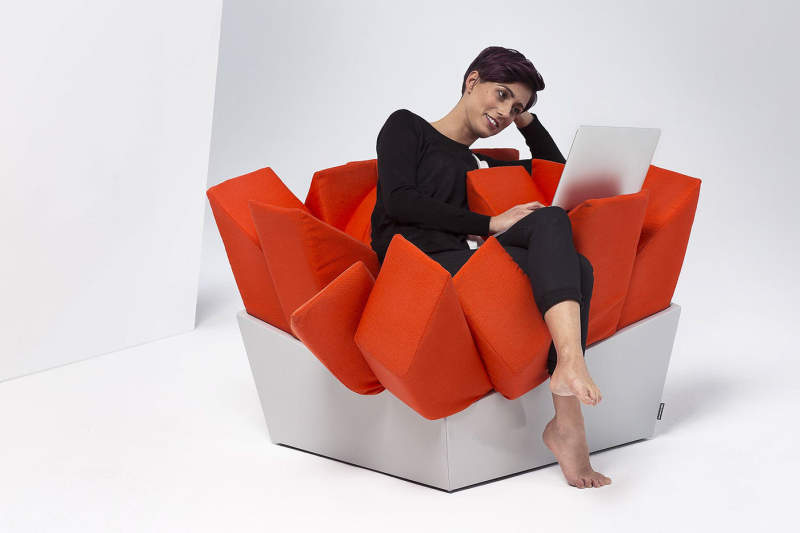 Manet easy chair by Best Before 2065 with protruding cuddly pillows to sit on 