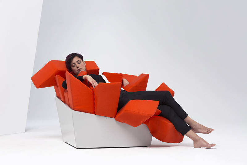 Manet easy chair by Best Before 2065 with protruding cuddly pillows to sit on 