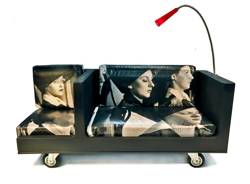 Black sofa made out of an old refrigerator