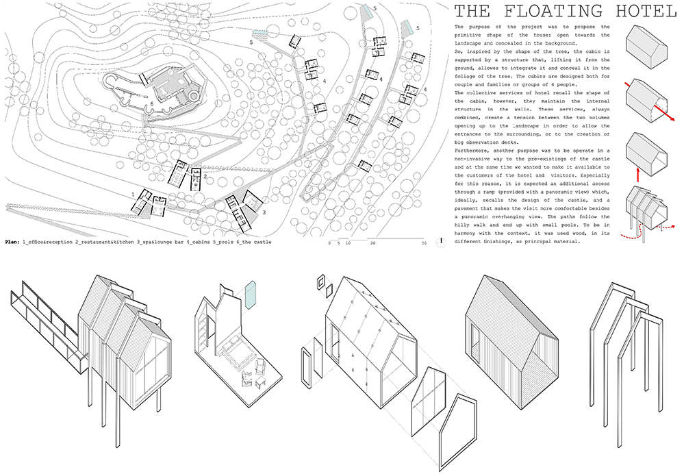 Young Architects Competitions in collaboration with Italian Government invited entries for the Castle Resort competition last year. Young architects and designers of different countries presented unique ideas for transforming the medieval Roccamandolfi castle into a one-of-a-kind holiday destination. Elias Terzitta and Eugenia Bordini of Italian design studio BSoD won the first prize of €10,000 for The Floating Hotel while Italian firms RGB and Vitia won 2nd and 3rd prizes, simultaneously. Every contestant came up with a unique idea but we are featuring the best entries from the competition below. The Floating Hotel by BSoD (1st Prize Winner) Members: Elias Terzitta, Eugenia Bordini Country: Italy This award-winning residential treehouse is elevated from the ground between trees and supported through a sturdy structure. Its design looks inspired from treehouse hotel that looks like floating in the mid air. To get best out of a mountain terrain, the treehouse façade has large glass windows that bring in loads of natural light and merge it with the surrounding area. Sightline by RGB (2nd Prize Winner) Members: Monica Bramanti, Stefano Gatti, Anna Rossi Country: Italy The design team proposed a pathway comprised of entertainment, accommodation and other elements molded into the surrounding landscape of the site. The design team wanted to create a connecting nature-filled pathway that visitors need to cross every time they are going to cabins and castle at the top. There will be black cabins and multi-functional units in between the pathway to the top for reading, relaxing and enjoying the panoramic views. Rest by Vitia (3rd Prize Winner) Members: Marco Testi, Sergio Vedovelli Country: Italy This concept revolves around creating tiny rest cabins where visitors can rest for a while and enjoy the mountain landscape. Over time, these cabins will dilapidate and become a shelter for shepherds and trekkers to the ancient Rocca. In near future, these cabins will also turn into ruins to match with the castle and the surrounding landscape.   Pedestal bridge by Aida (Gold Mention Team) Members: Thibaut Etcheverry, Romain Gaillard Country: France In the mission to create a tourist spot, the design team proposed to make a lightweight pedestrian bridge around the fortress that offer exceptional points of view of the prehistoric building to visitors. It will be elevated using less number of supports in order to make less impact on the surrounding environment. Moreover, there will be adjustable prefab shelters for travelers to relax. A landscape of folds by EFesto (Gold Mention Team) Members: Gaia Cella, Gaspar Canepa, Juan Octavio Ferreyra, Aleksandra Lukianova Country: Mexico In this project, the design team proposed to create a meandering corridor that can be used to navigate through the resort. Along with the walking platform, there will be hotel rooms, library, and restaurant in deep serenity. The cabins are integrated into the landscape to offer tranquility without disturbing natural beauty of the site. Bulb-shaped cabins by Alessandro De Nigris (Gold Mention Team) Members: Alessandro De Nigris, Marco Ansalone Country: Italy This project tries to establish a relation between architecture and nature. The design team has thought of placing bulb-shaped structures all around the construction site so that visitors have full freedom to stay at desired locations. New Castle Resort by Gregory De Giacomi (Gold Mention Team) Members: Gregory De Giacomi Country: Italy The designer’s approach is to place main accommodations as a single recognizable building while Castle apartments, treehouse hotels, and tiny landscape hotels are meant to be hidden from the immediate sight so that guests have to search for them. A plinth and pavilion on the top are two simple additions to connect all things together with the ruined castle. 