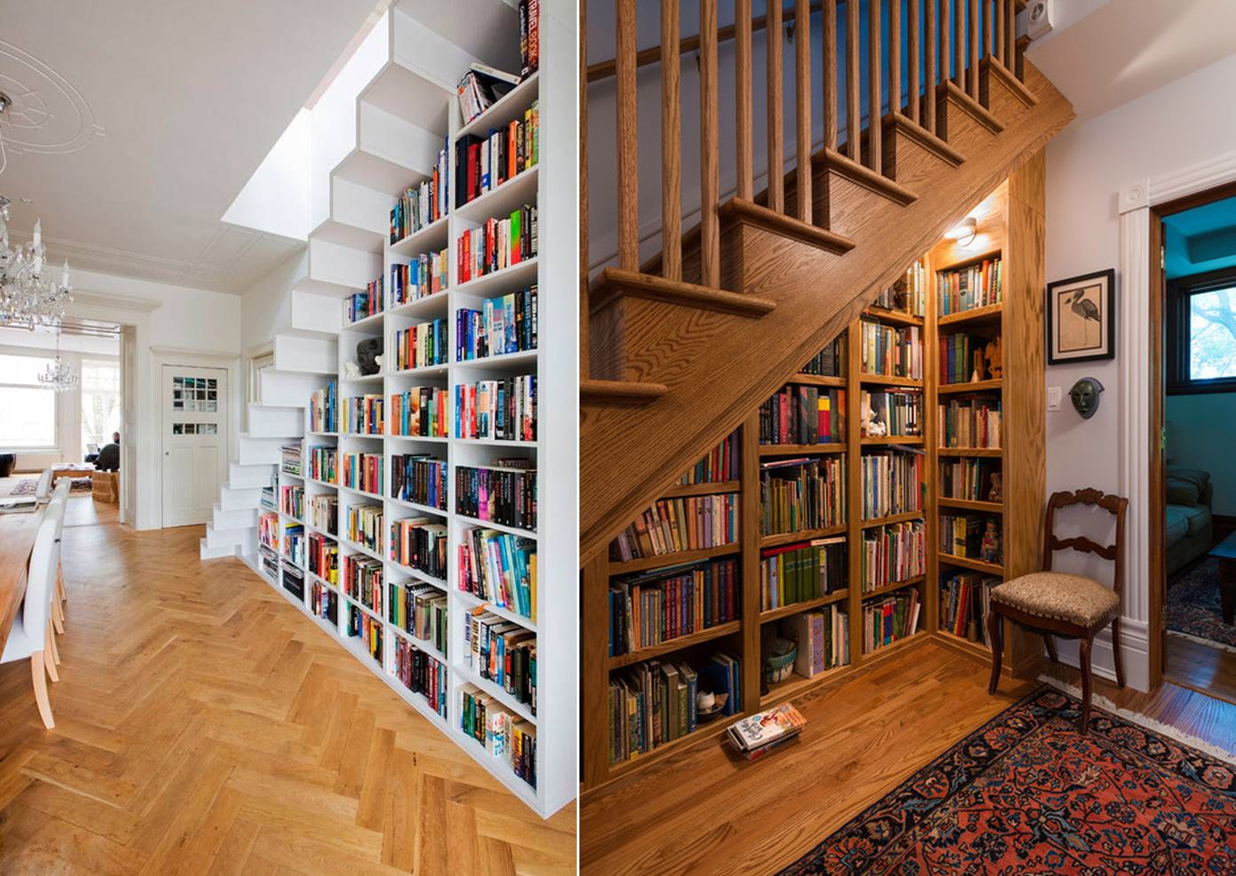 Book shelves under staircase