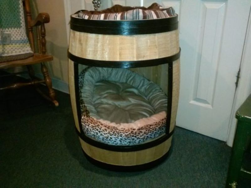 dog bed from old wine barrel