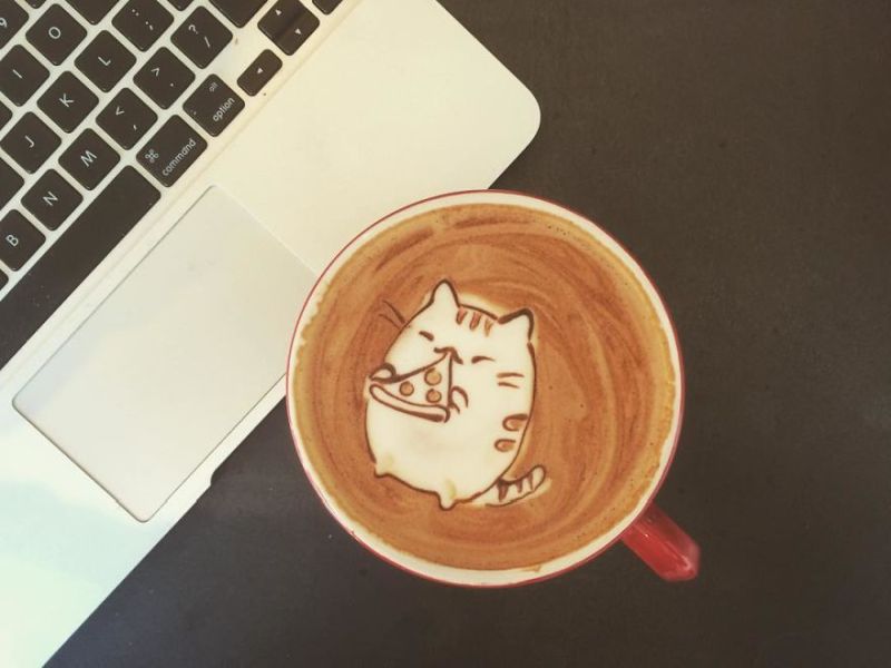 pizza eating cat latte art