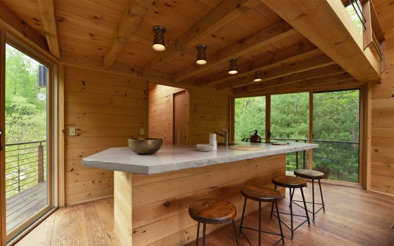 Angled-shaped geometric treehouse kitchen 