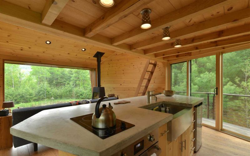 Woodstock's angled-shaped geometric treehouse kitchen