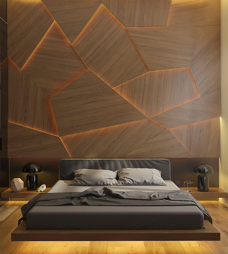 Geometric back lit wooden accent wall