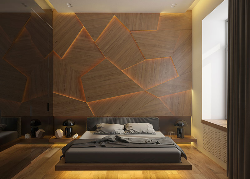 Geometric back lit wooden accent wall