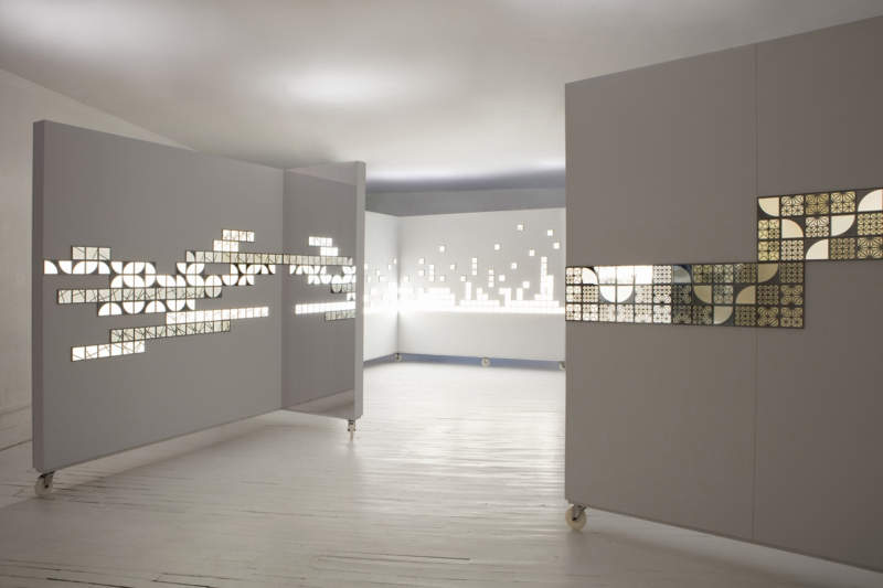 Kumiko modular OLED wall tiles function as lighted wall art 