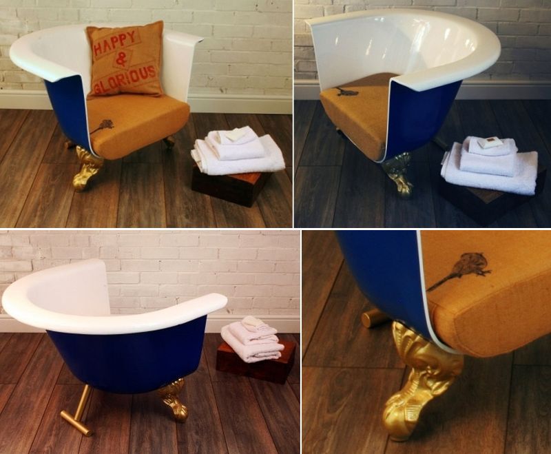 Old bathtub into cozy chair with unique legs 