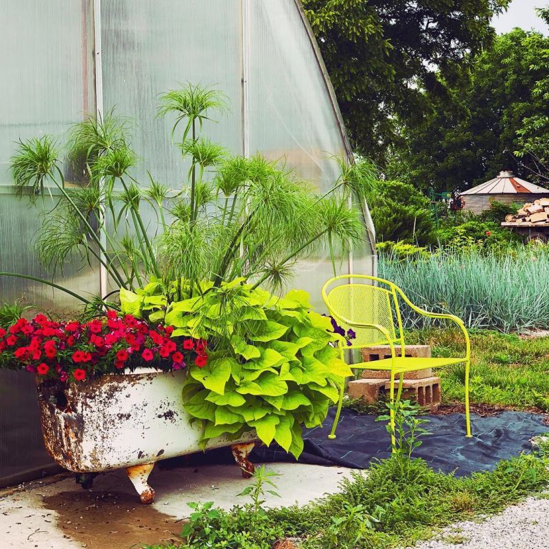 rugged bathtub into planter in yard 