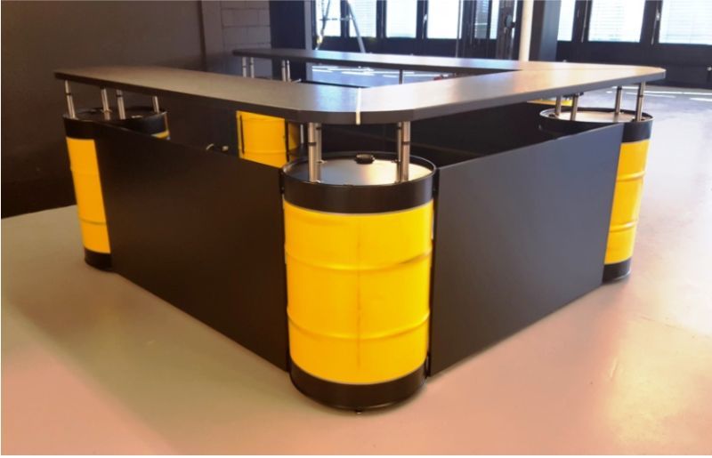  oil drums as reception counter