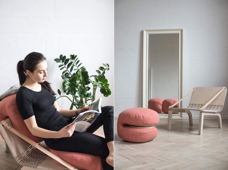 Dango flexible armchair has two removable poufs 