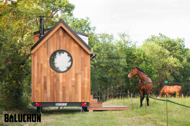 Ostara tiny house by Baluchon features two-leaf glass door 