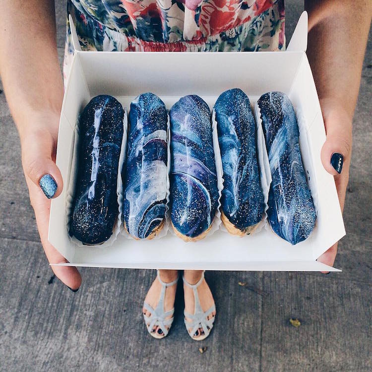 Galaxy-inspired Eclairs in various shades of blue, purple and pink