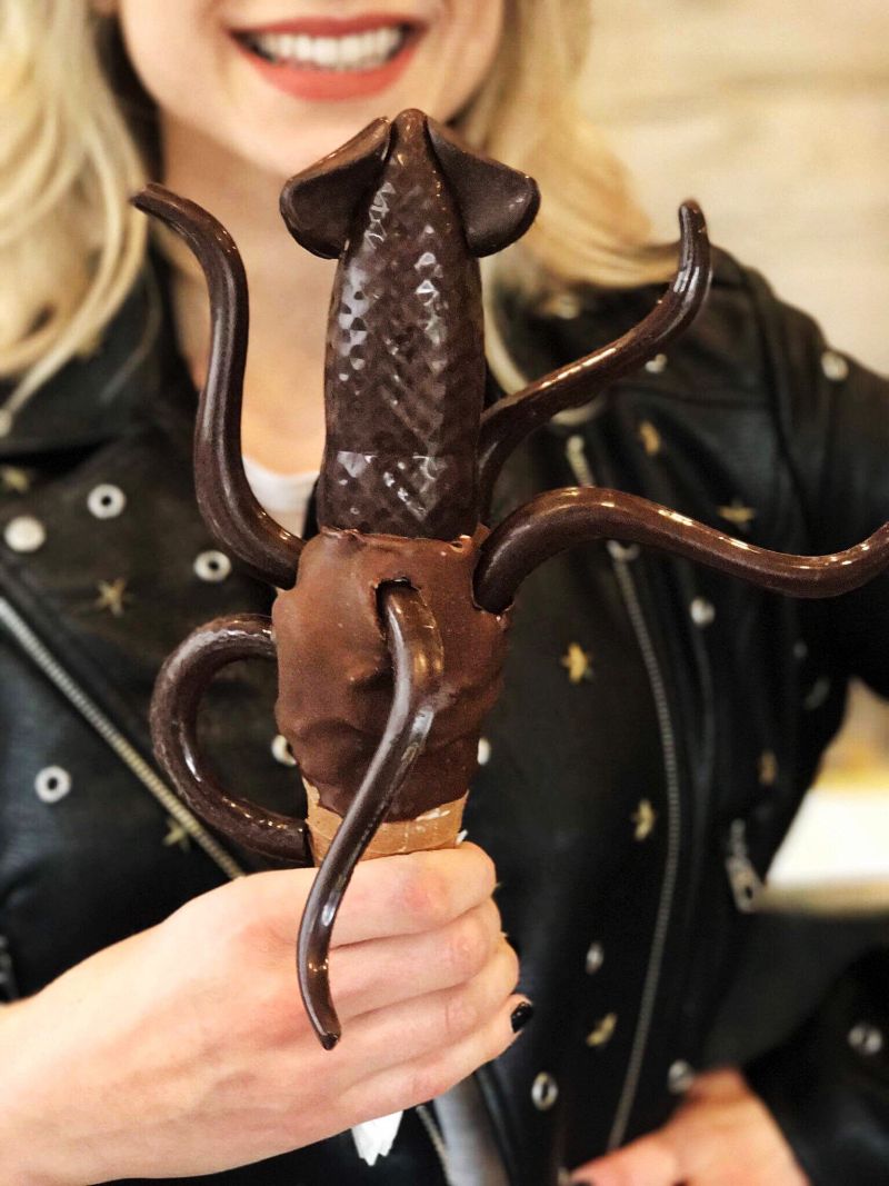 Giant chocolate-dipped squid ice cream cones 