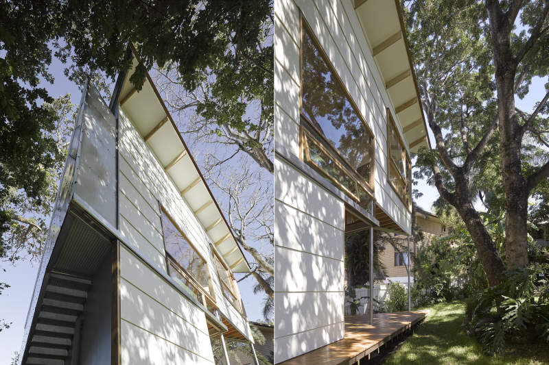 Treehouse-inspired backyard extension with an indoor climbing wall