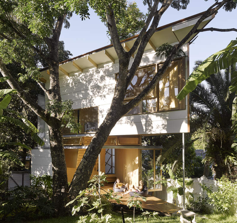 Treehouse-inspired backyard extension with an indoor climbing wall