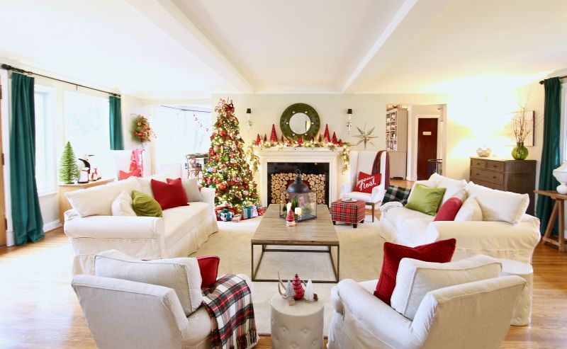 Christmas-themed red and white cushion covers  