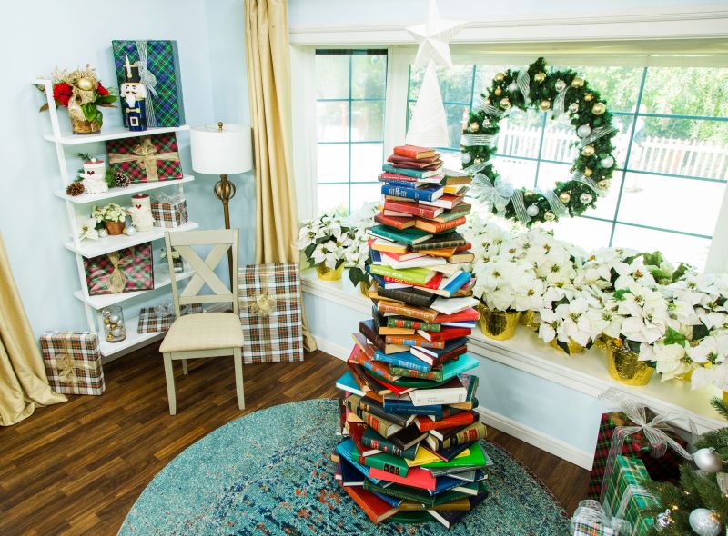 large Christmas tree made of books  