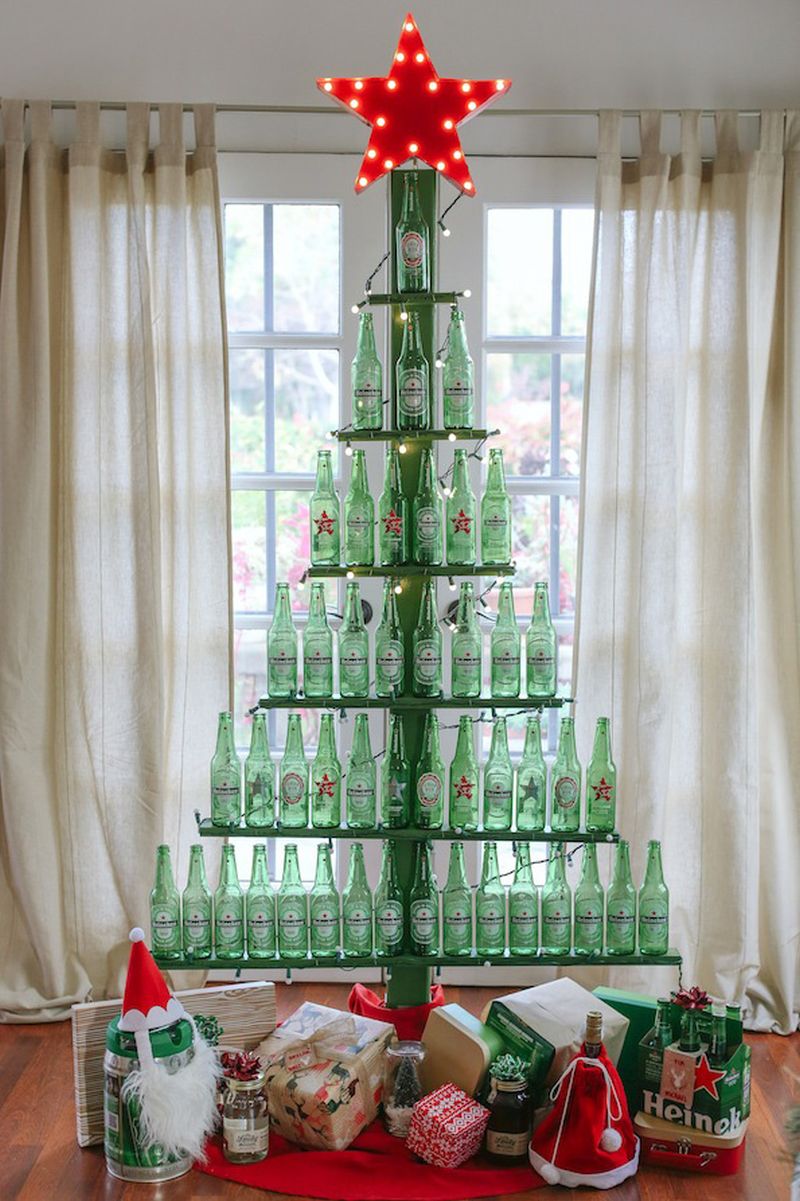 Glass bottles arranged as a Christmas tree