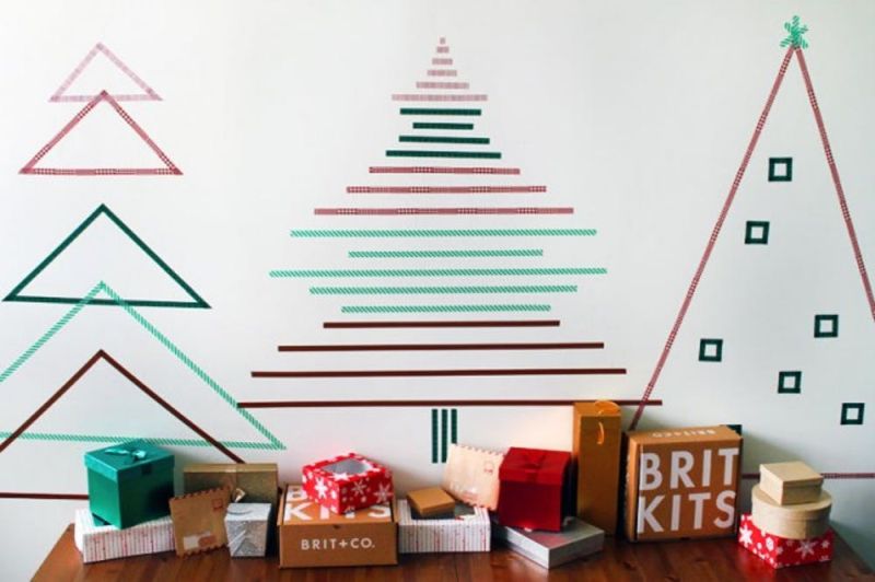 washi tape as Christmas tree on wall 