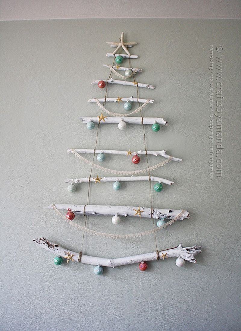 Twig and ornaments wall Christmas tree