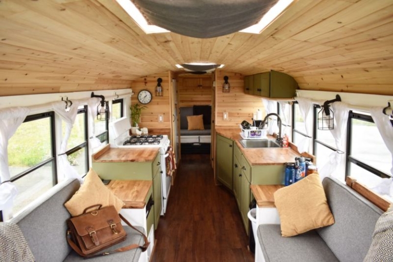 Converted School Bus Home with Rooftop Deck is Perfect for Life on the Road