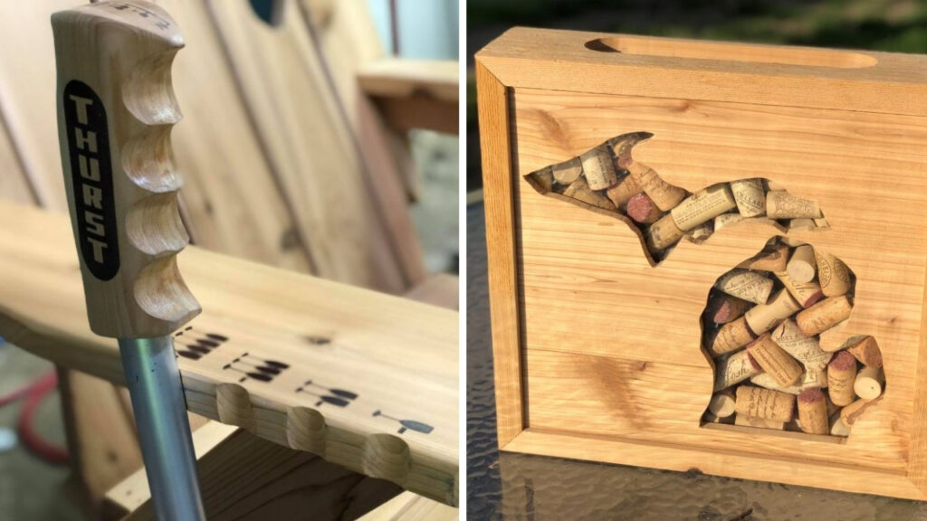 one side of a wooden chair has lever to dispense wine